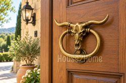 House2home El Yapımı Pirinç Boğa Kapı Tokmağı Tak-Tak Antik Sarı
