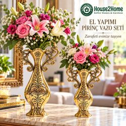 House2Home El Yapımı Pirinç Vazo Seti – İşlemeli Dekoratif İkili Vazo Takımı