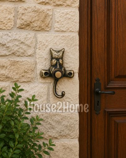 House2home El Yapımı Pirinç Kedi Kapı Zili. Antik Sarı