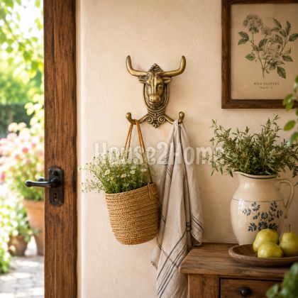 House2Home El Yapımı Pirinç Boğa Askı Antik Sarı