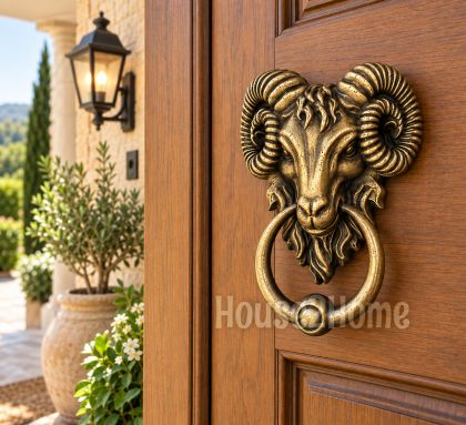House2Home El Yapımı Koç Taktak Kapı Tokmağı Antik Sarı | Pirinç Vintage Dekoratif Kapı Aksesuarı 