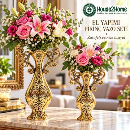 House2Home El Yapımı Pirinç Vazo Seti – İşlemeli Dekoratif İkili Vazo Takımı