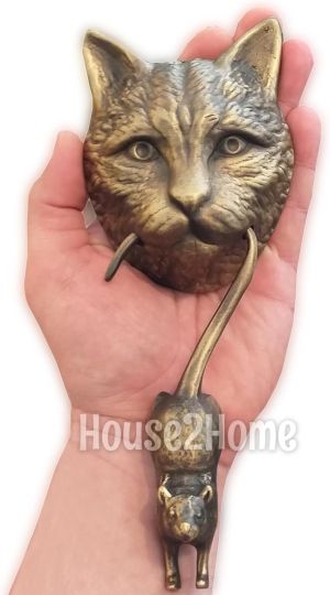 House2Home El Yapımı Pirinç Kedi Fare Kapı Tokmağı Tak Tak. Antik Sarı