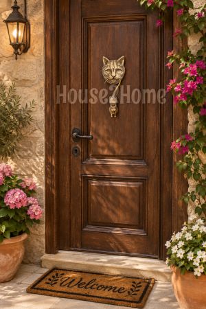 House2Home El Yapımı Pirinç Kedi Fare Kapı Tokmağı Tak Tak. Antik Sarı