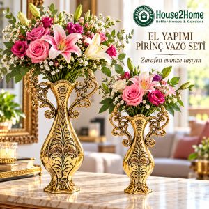 House2Home El Yapımı Pirinç Vazo Seti – İşlemeli Dekoratif İkili Vazo Takımı